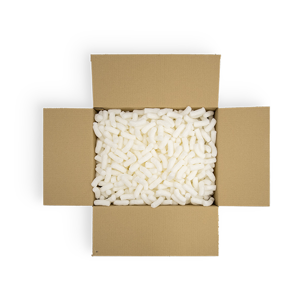 Top-down view of an open cardboard box filled to the brim with white packing peanuts.