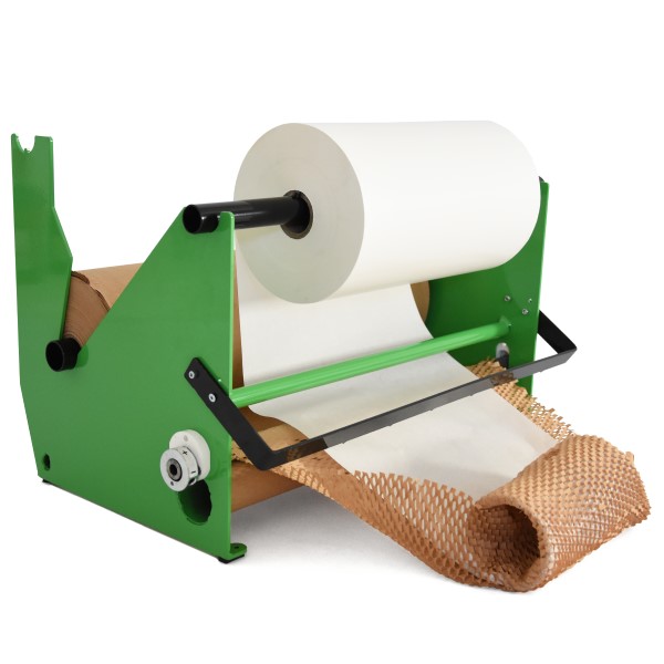 Green dispenser with white tissue and brown honeycomb paper rolls being pulled out and wrapping products.