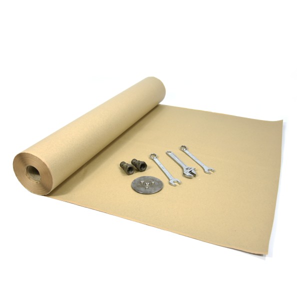 Brown paper roll partly unrolled with three metal wrenches, a circular disc with embedded screws, and two small cylindrical parts laid out for wrapping.