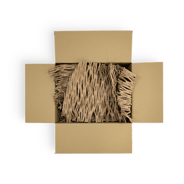 Open cardboard box containing shredded cardboard used as packing filler, set against a white background.